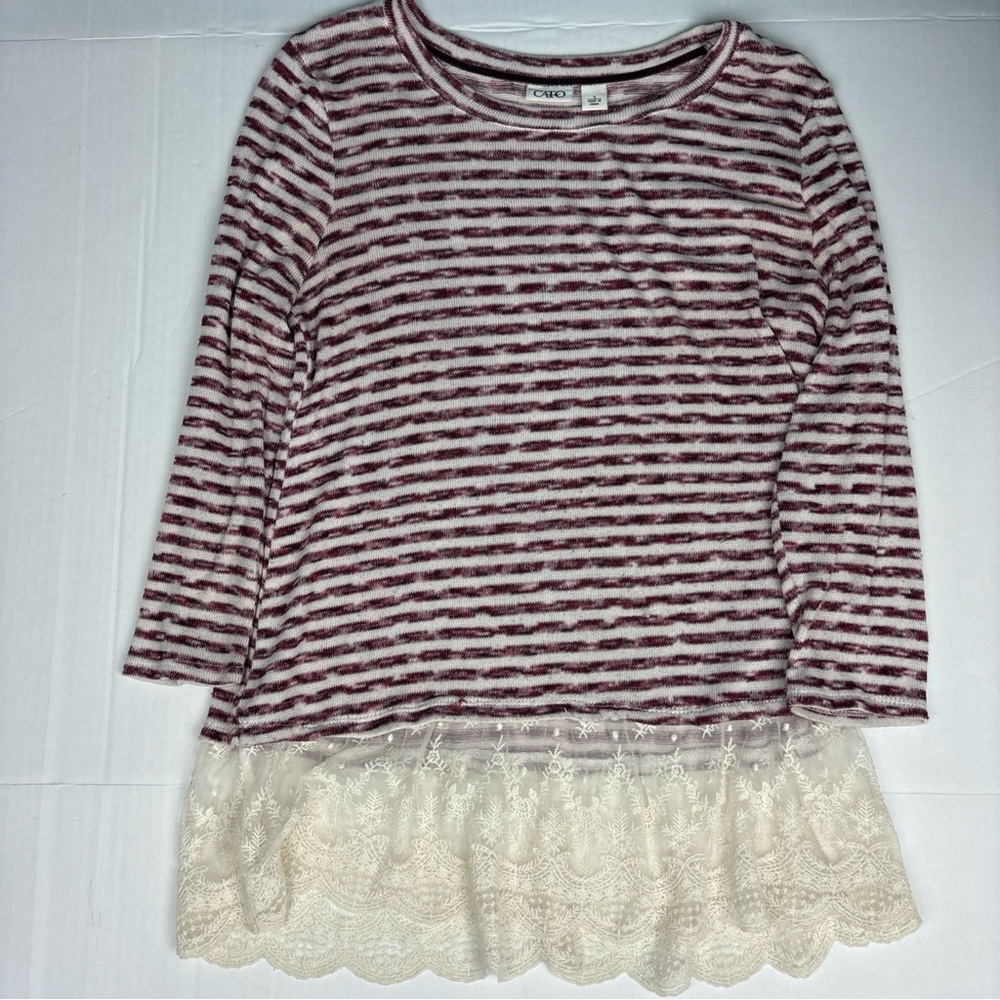 Cato Women Small Sweater Maroon Cream Stripe Lace Trim Knit Poly Rayon Blend